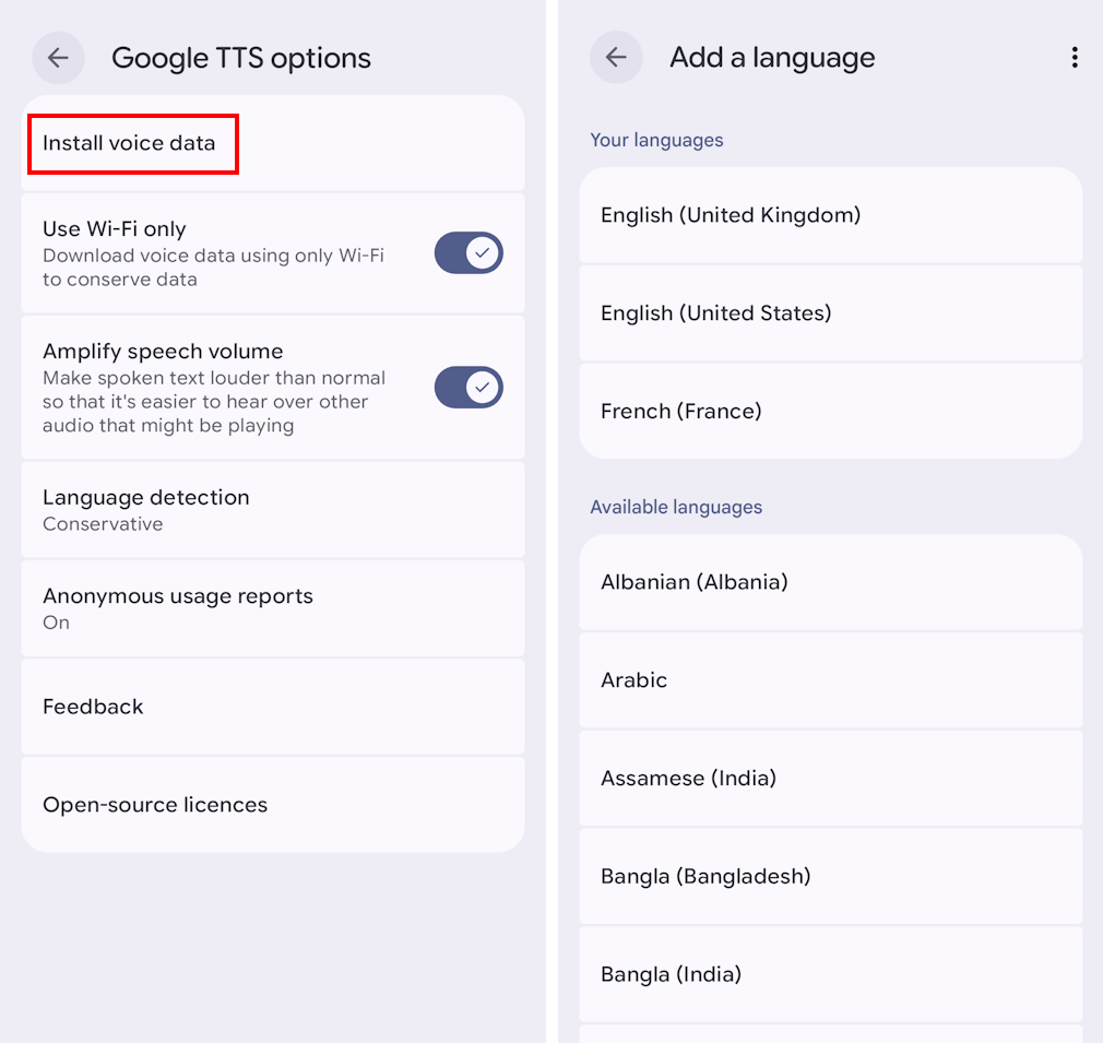 Tap Install voice data then select a language